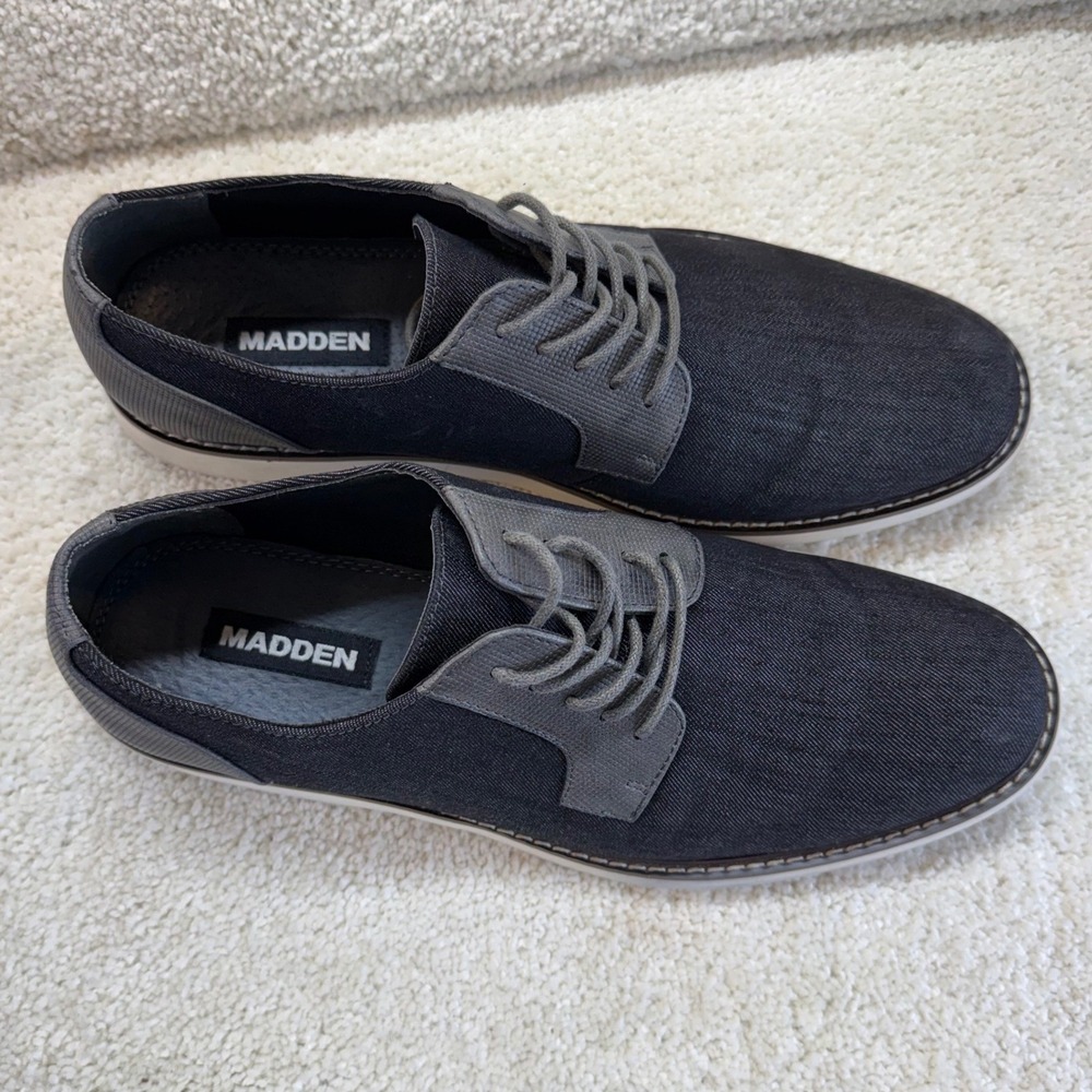 Madden M-DECKER Mens 10 M Black Denim Fabric Derby Oxford‎ Shoes Preppy Likw New